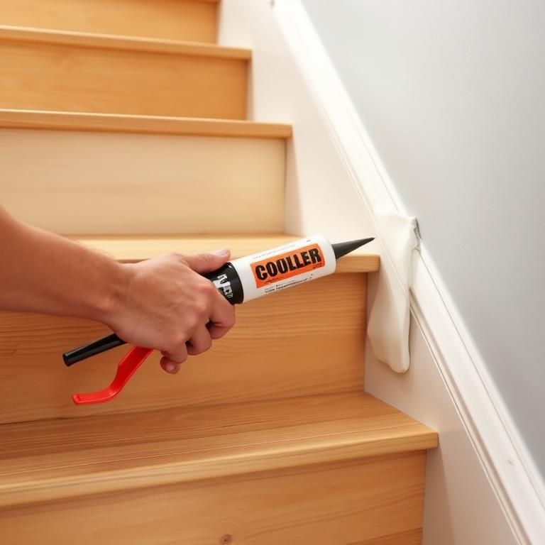 Person applying sealant to wooden stairs with a caulking gun