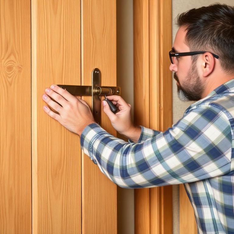 A man installs a latch on a wooden door